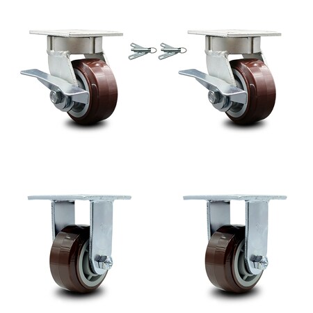 Service Caster 4 Inch Kingpinless Poly on Polyolefin Caster Brake and Swivel Lock 2 Rigid, 2PK SCC-KP30S420-PPUR-SLB-BSL-2-R-2